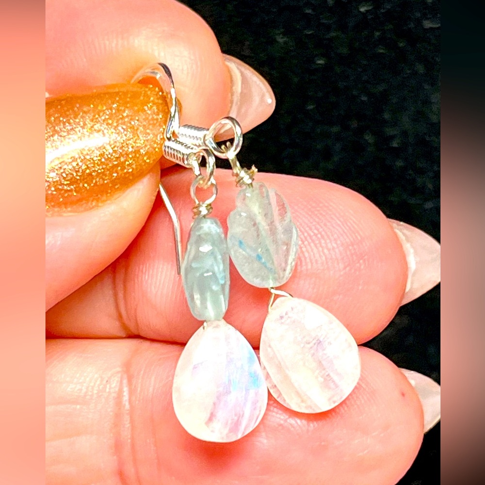 🌟🌙Genuine natural aquamarine, and stunning moonstone sterling earrings
